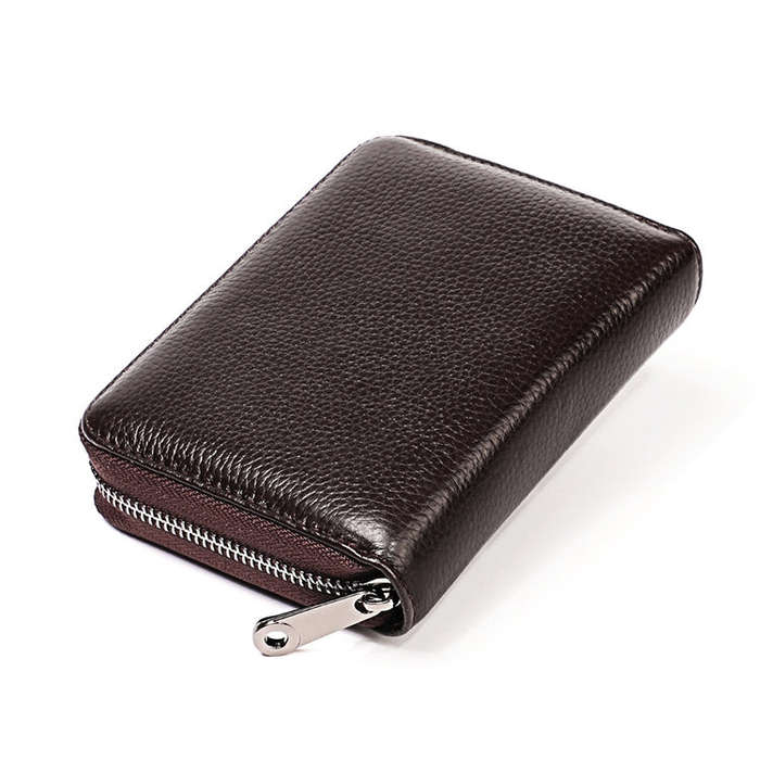 KB195 Zipper Cowhide Leather Double Row Organ Shape Multiple Card Slots Anti-magnetic RFID Wallet...