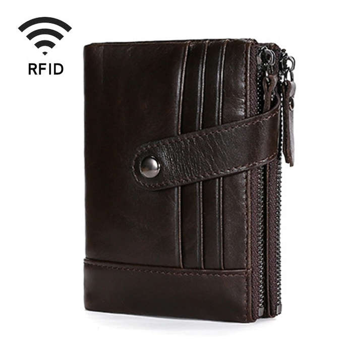 TP-196 Multi-functional Retro Cowhide Leather Multiple Card Slots Dual zipper RFID Wallet(Coffee)