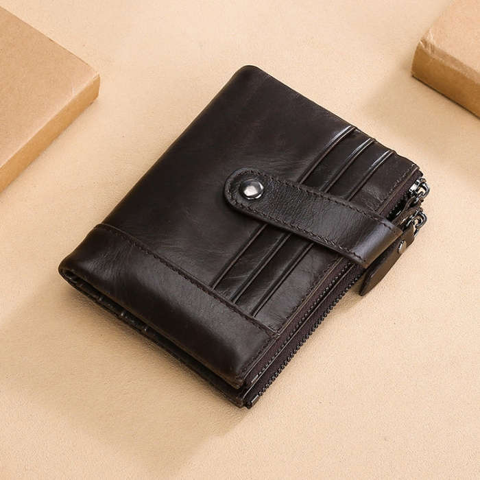 TP-196 Multi-functional Retro Cowhide Leather Multiple Card Slots Dual zipper RFID Wallet(Coffee)