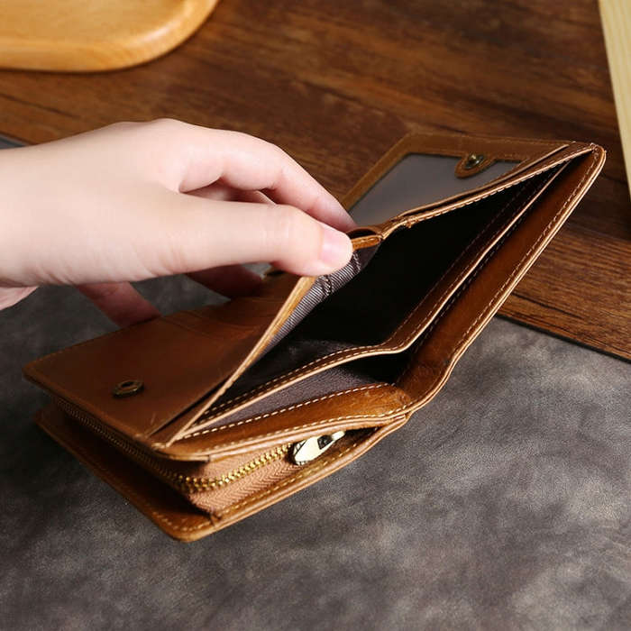 TP-195 Oilskin Leather Multi-functional Change Purse RFID Leather Wallet(Coffee)