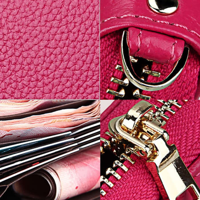 Genuine Cowhide Leather Litchi Texture Zipper Long Style Card Holder Wallet RFID Blocking Coin Pu...