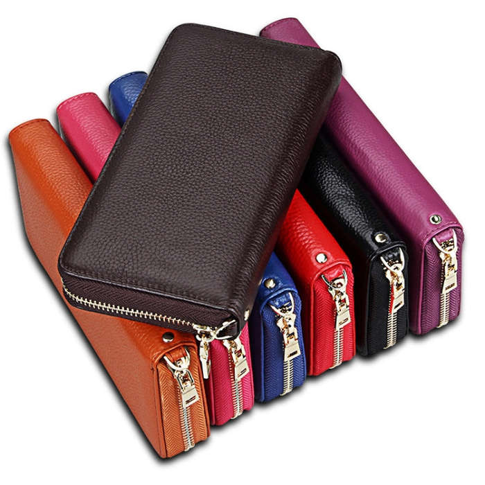 Genuine Cowhide Leather Litchi Texture Zipper Long Style Card Holder Wallet RFID Blocking Coin Pu...
