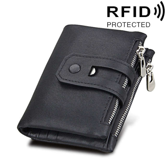 Genuine Cowhide Leather Crazy Horse Texture Zipper 3-folding Card Holder Wallet RFID Blocking Coi...