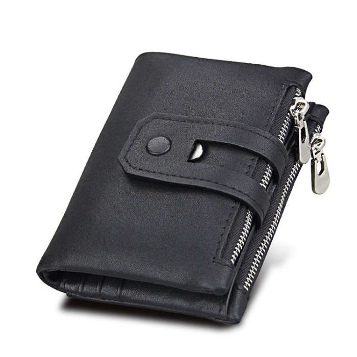Genuine Cowhide Leather Crazy Horse Texture Zipper 3-folding Card Holder Wallet RFID Blocking Coi...