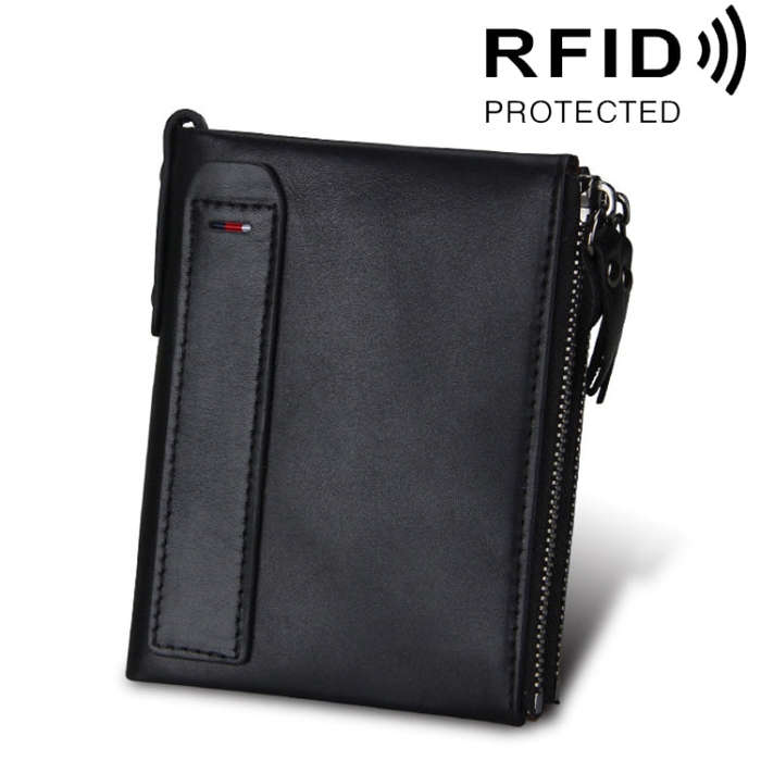 Genuine Cowhide Leather Crazy Horse Texture Dual Zipper Short Style Card Holder Wallet RFID Block...