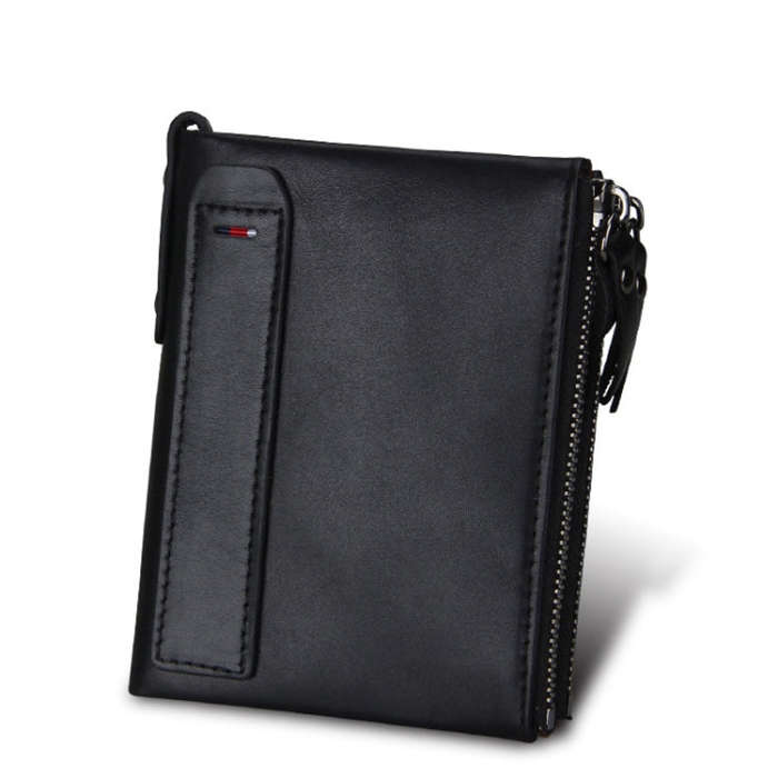 Genuine Cowhide Leather Crazy Horse Texture Dual Zipper Short Style Card Holder Wallet RFID Block...