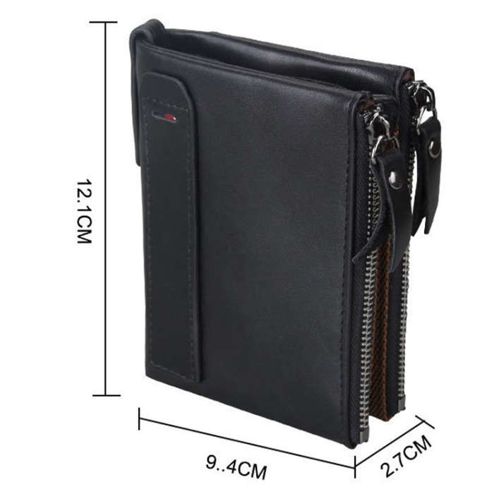 Genuine Cowhide Leather Crazy Horse Texture Dual Zipper Short Style Card Holder Wallet RFID Block...