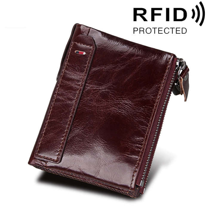 Genuine Cowhide Leather Crazy Horse Texture Dual Zipper Short Style Card Holder Wallet RFID Block...