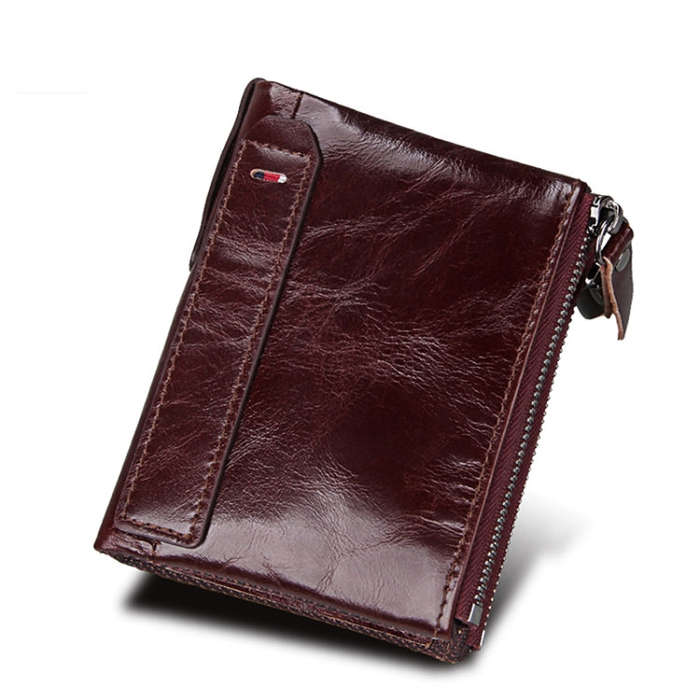 Genuine Cowhide Leather Crazy Horse Texture Dual Zipper Short Style Card Holder Wallet RFID Block...