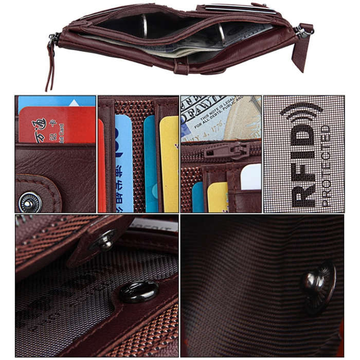 Genuine Cowhide Leather Crazy Horse Texture Dual Zipper Short Style Card Holder Wallet RFID Block...