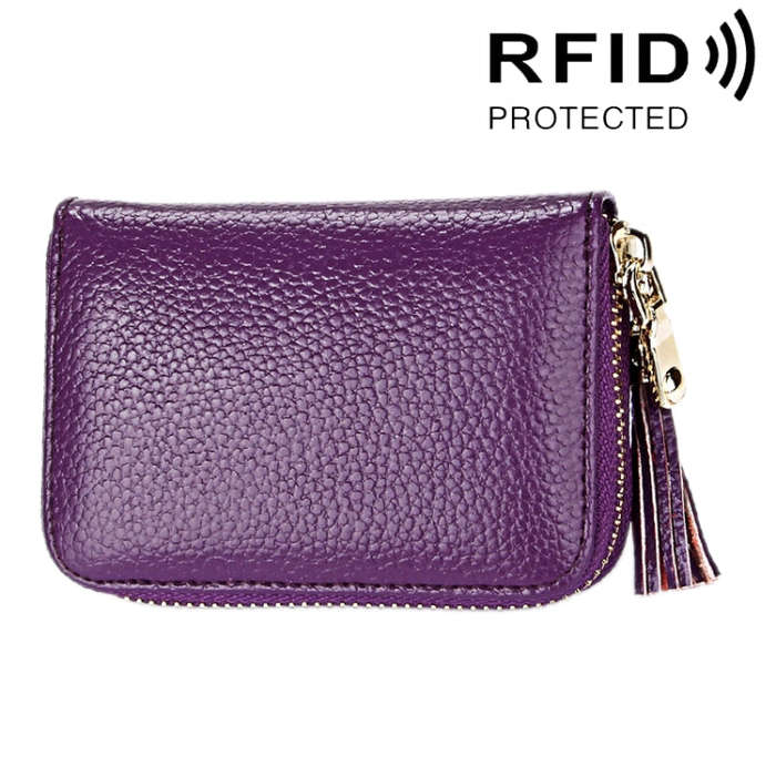 Genuine Cowhide Leather Solid Color Zipper Card Holder Wallet RFID Blocking Card Bag Protect Case...