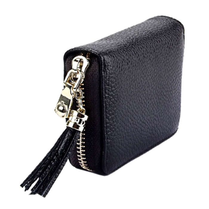 Genuine Cowhide Leather Solid Color Zipper Card Holder Wallet RFID Blocking Card Bag Protect Case...