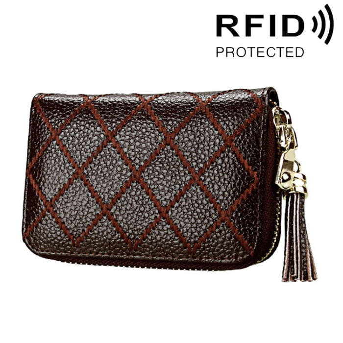 Genuine Cowhide Leather Grid Texture Zipper Card Holder Wallet RFID Blocking Card Bag Protect Cas...