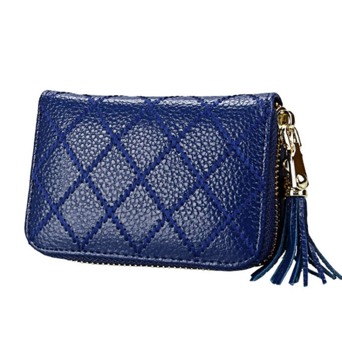 Genuine Cowhide Leather Grid Texture Zipper Card Holder Wallet RFID Blocking Card Bag Protect Cas...