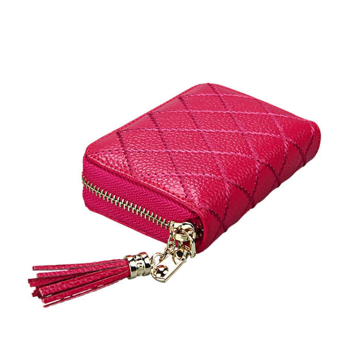 Genuine Cowhide Leather Grid Texture Zipper Card Holder Wallet RFID Blocking Card Bag Protect Cas...