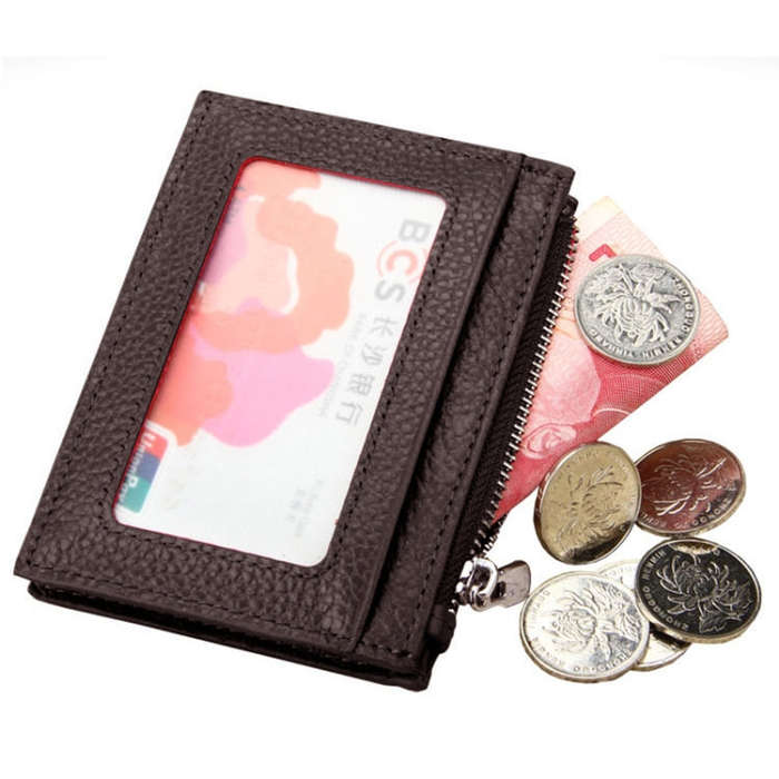 Cowhide Leather Solid Color Zipper Card Holder Wallet RFID Blocking Card Bag Protect Case Coin Pu...