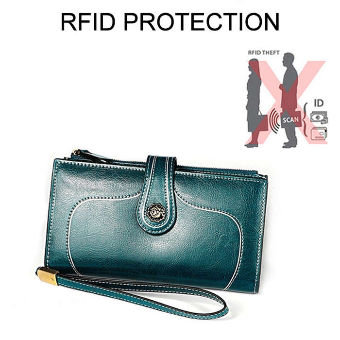 3527 Vintage Oil Wax Texture Large Capacity Long Multi-function Anti-magnetic RFID Wallet Clutch ...