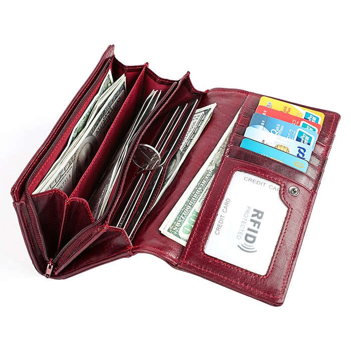 3559 Antimagnetic RFID Multi-function Zipper Retro Top-grain Leather Lady Purse Wallet (Blue)