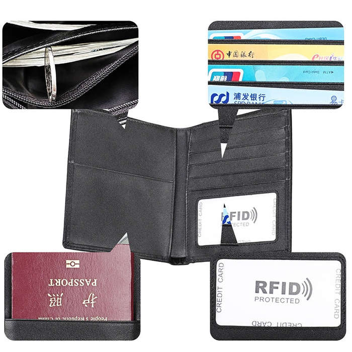 8235 Antimagnetic RFID Multi-function Crazy Horse Texture Leather Wallet Passport Bag(Black)