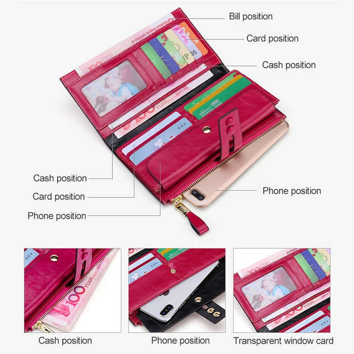 8239 Antimagnetic RFID Multi-function Leather Lady Wallet Large-capacity Purse with Detachable Ca...