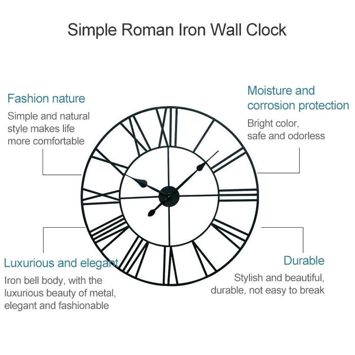 40cm Retro Living Room Iron Round Roman Numeral Mute Decorative Wall Clock (Black)