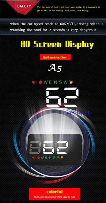 Geyiren A5 HUD 3.5 inch Car Head Up Display with GPS System, Two Mode Display, Light Sensors, KM/...