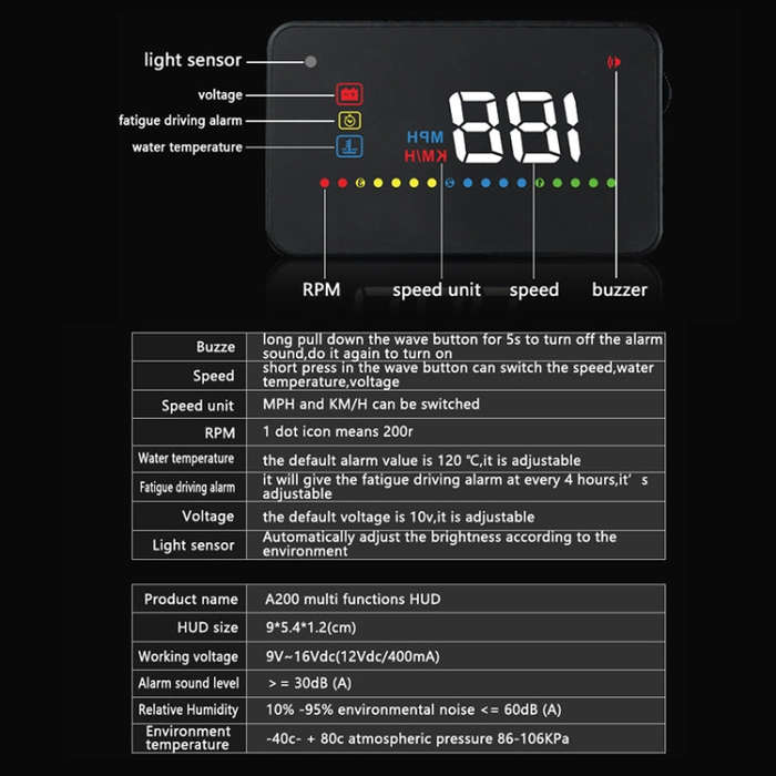 A200 OBD2 3.5 inch Vehicle-mounted Head Up Display Security System, Support Car Speed / Engine Re...