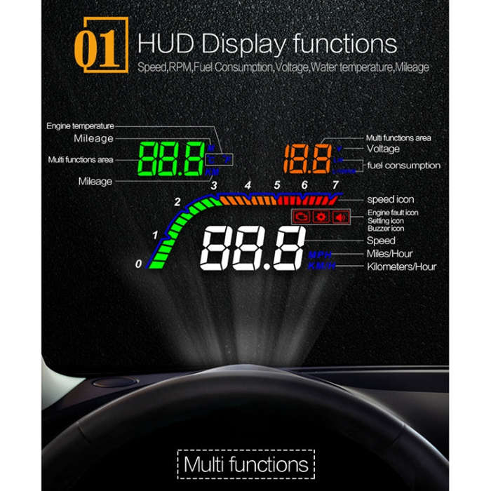 T100 OBD2 4 inch Vehicle-mounted Head Up Display Security System, Support Car Speed / Engine Revo...
