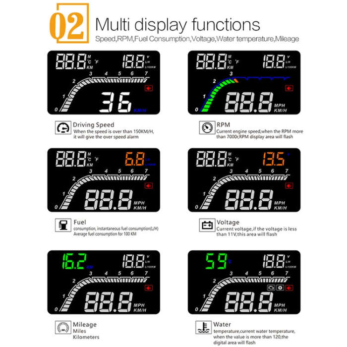 T100 OBD2 4 inch Vehicle-mounted Head Up Display Security System, Support Car Speed / Engine Revo...