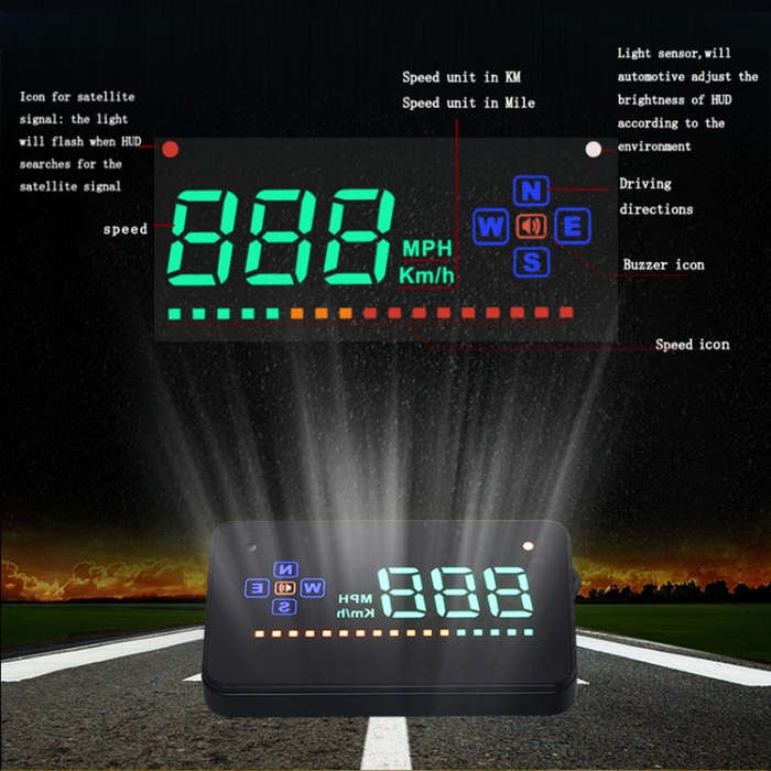 A2 HUD 3.5 inch HD GPS Car Head Up Display, Speed & Over Speed Alarm, Compass, Freely Switch Betw...