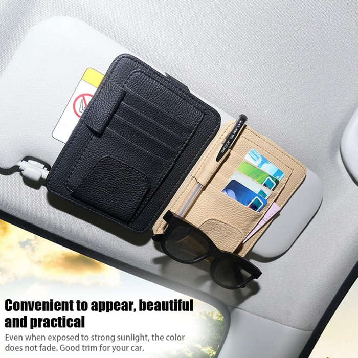 Multi-functional Auto Car Sun Visor Sunglass Holder Card Bill Ticket Storage Holder Pouch Bag(Brown)