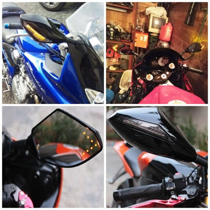 Motorcycle Modified Rear View Mirror Set with Light for Kawasaki (Carbon Fiber Black)
