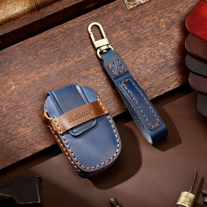 Hallmo Car Cowhide Leather Key Protective Cover Key Case for Hyundai IX35 B Style(Blue)