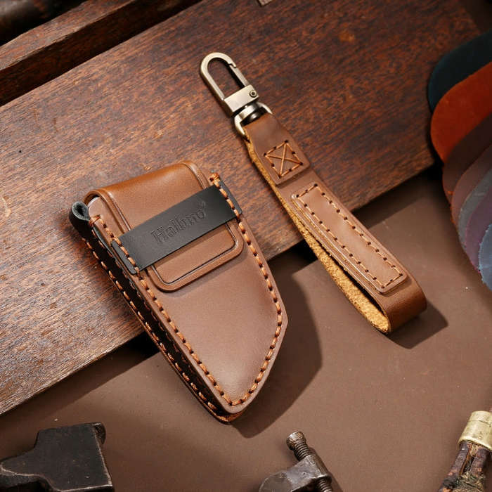 Hallmo Car Cowhide Leather Key Protective Cover Key Case for BMW Blade Style(Brown)