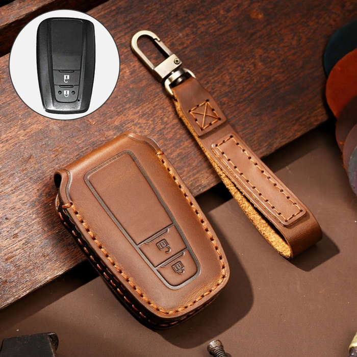 Hallmo Car Cowhide Leather Key Protective Cover Key Case for Toyota Corolla 2018 2-button(Brown)