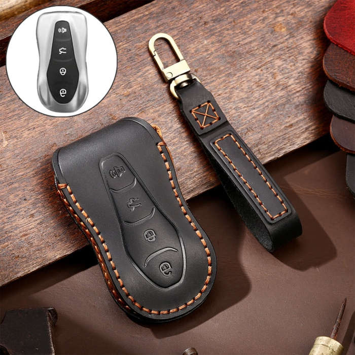 Hallmo Car Cowhide Leather Key Protective Cover Key Case for Geely Emgrand A Style(Black)