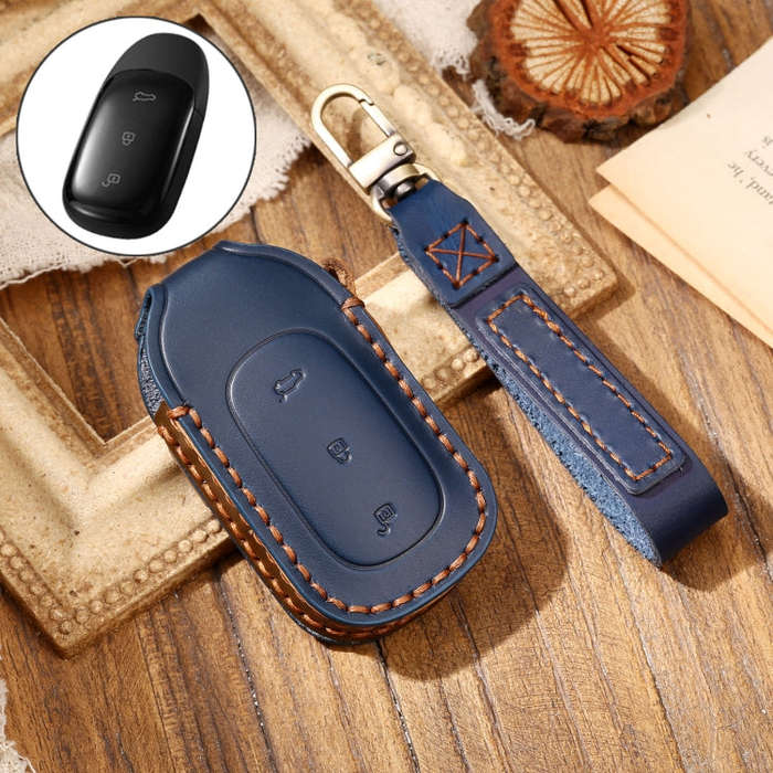Hallmo Car Cowhide Leather Key Protective Cover Key Case for LEADING IDEAL One(Blue)