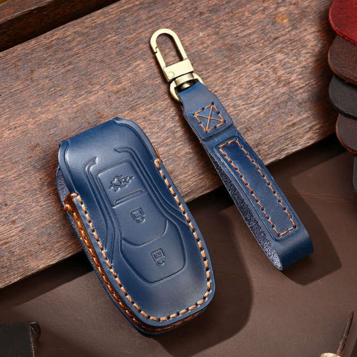 Hallmo Car Cowhide Leather Key Protective Cover Key Case for Ford Focus  A Style(Blue)