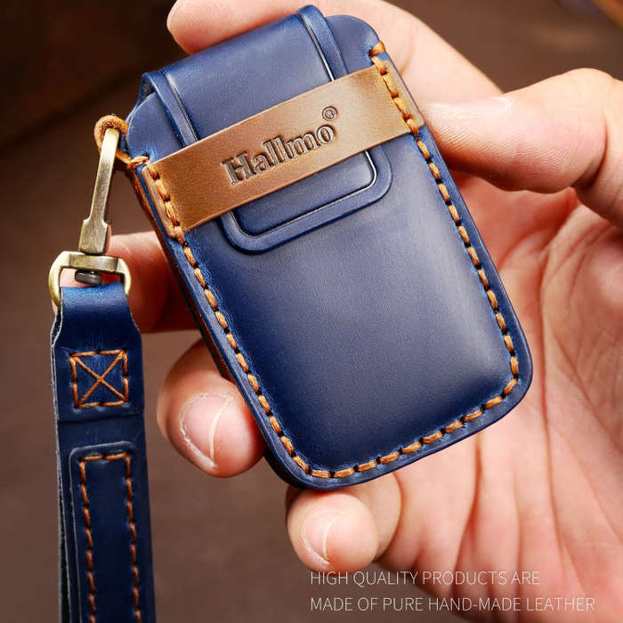 Hallmo Car Cowhide Leather Key Protective Cover Key Case for Land Rover Discovery 5 B Style(Blue)