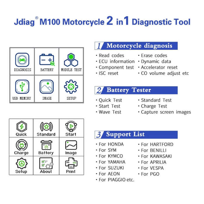 JDiag M100 Motorcycles 2 in1 OBD Scanner Battery Tester