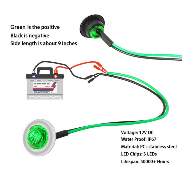 10 PCS MK-118 3/4 inch Metal Frame Car / Truck 3LEDs Side Marker Indicator Lights Bulb Lamp (Gree...