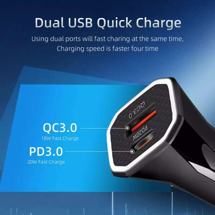 PD + QC3.0 Car 2 in 1 Square Fast Charger Car Cigarette Lighter (White)