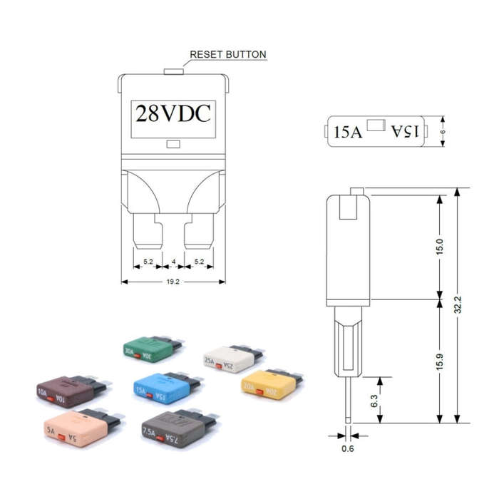 25AMP DC28V Circuit Breaker Trip Fuses Standard Blade Fuse Manual Reset