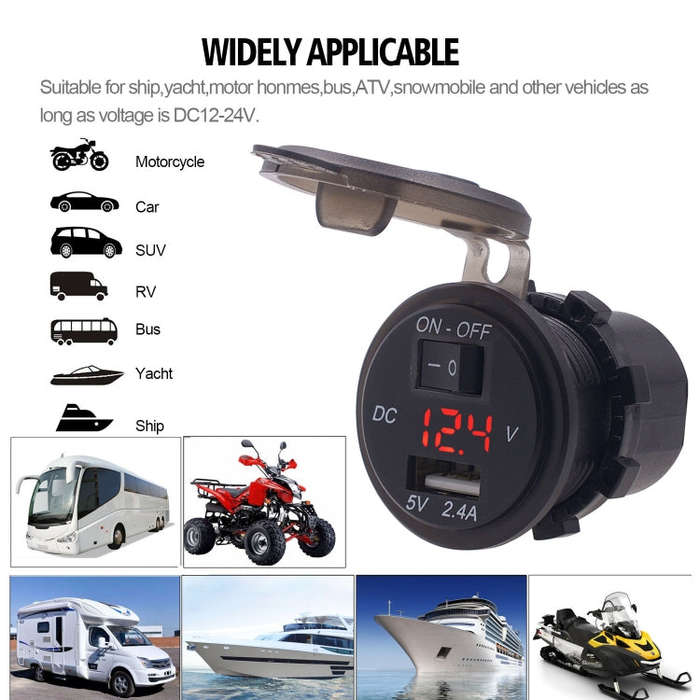 Universal Car Single Port USB Charger Power Outlet Adapter 2.4A 5V IP66 with LED Digital Voltmete...