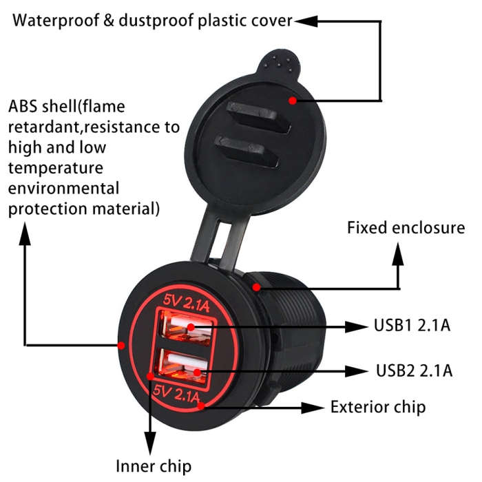 Universal Car Dual USB Charger Power Outlet Adapter 4.2A 5V IP66 with Aperture + 60cm Cable(Red L...