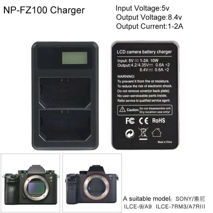 Dual Channel Digital LCD Display Battery Charger with USB Port for Sony NP-FZ100 Battery, Compati...
