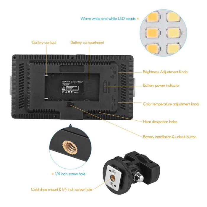 LED01 416 LEDs 3600LM Professional Vlogging Photography Video & Photo Studio Light for Canon / Ni...