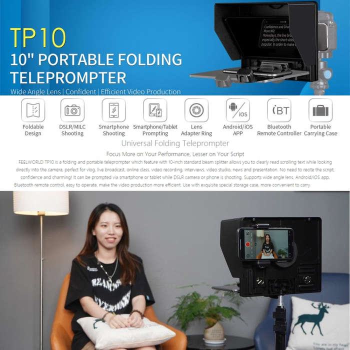 FEELWORLD TP10 Portable 10-inch Folding Teleprompter with Remote Control Lens Adapter Ring For Be...