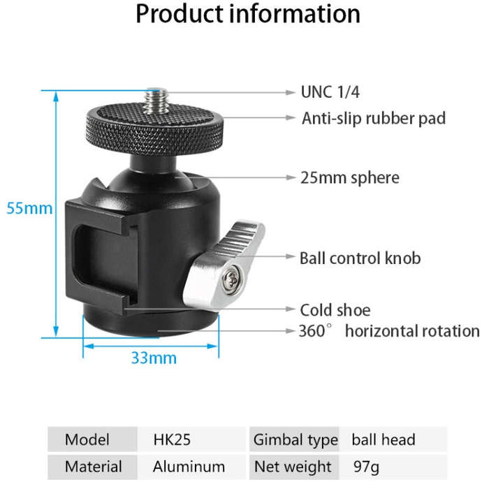 BEXIN HK25 Aluminum Alloy Cold Shoe Tripod Adapter Ball Head (Black)