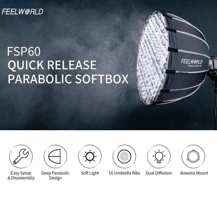 FEELWORLD FSP60 60cm Parabolic Softbox Quick Release Diffuser with Bowens Mount (Black)